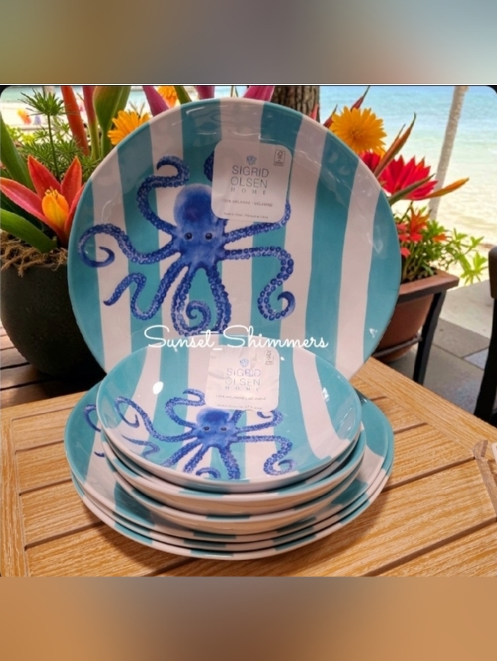 8pc Sigrid Olsen Blue Octopus Cabana Stripe Melamine Dinner Plate & Bowl Set New